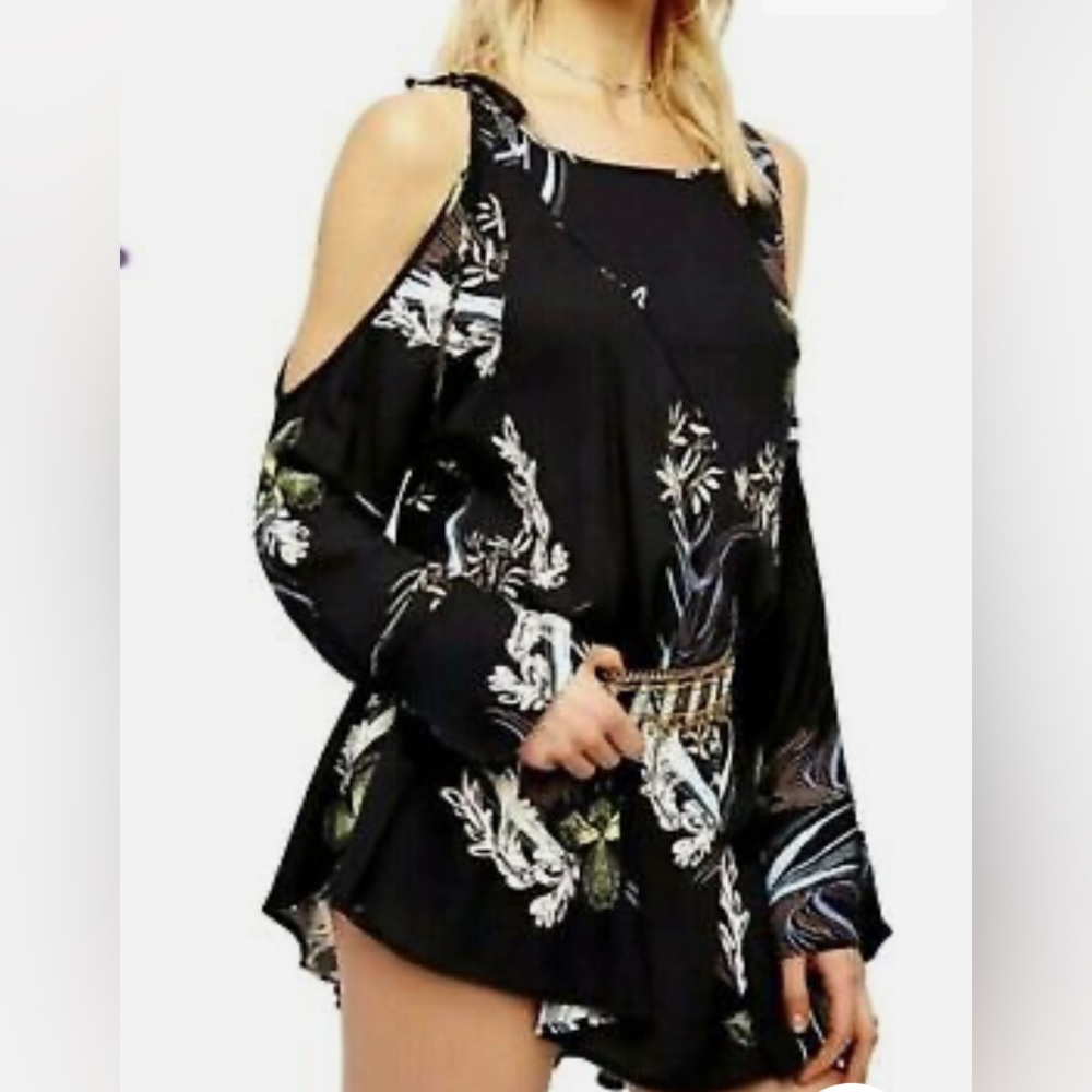 Free People Clear Skies Black Floral Cold Shoulder Mini Dress Size XS